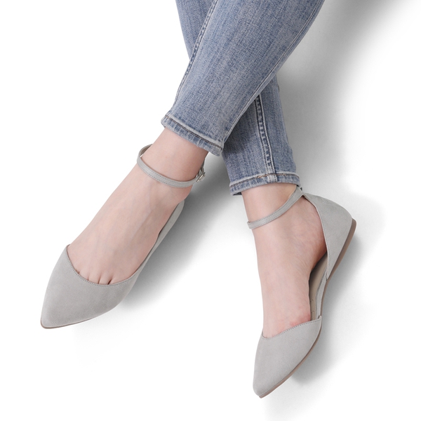 Pointed Toe Ankle Strap Ballet Flats Shoes - GREY SUEDE - 1